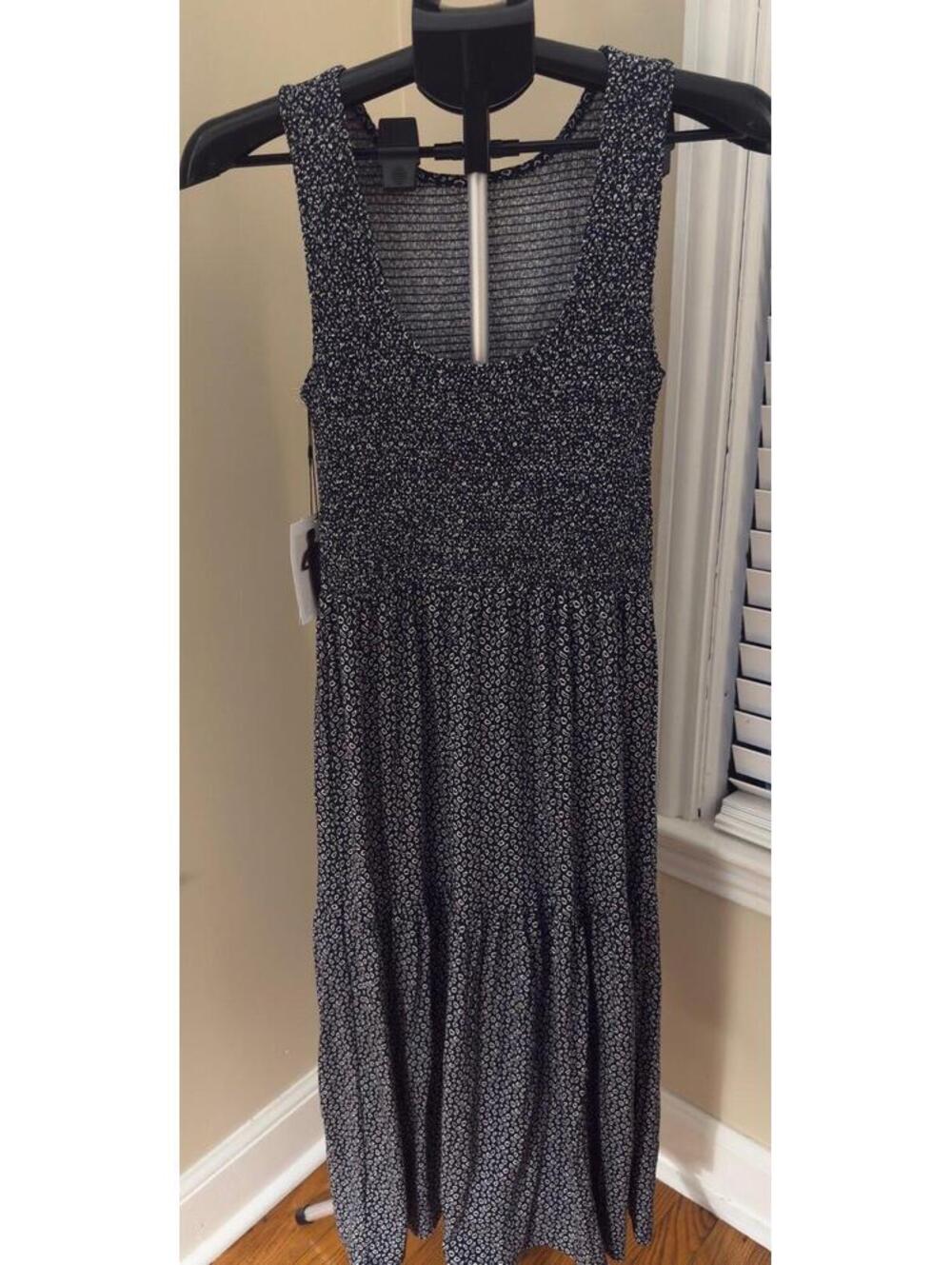 Nation Los Angeles Smocked Tiered Midi Dress Black White Print Small NWT Anthro